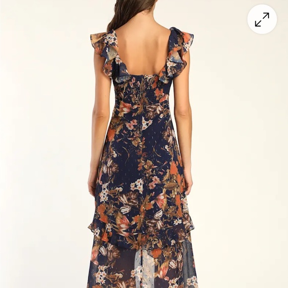 Navy Blue Floral Ruffled High-Low Maxi Dress - Picture 5 of 5
